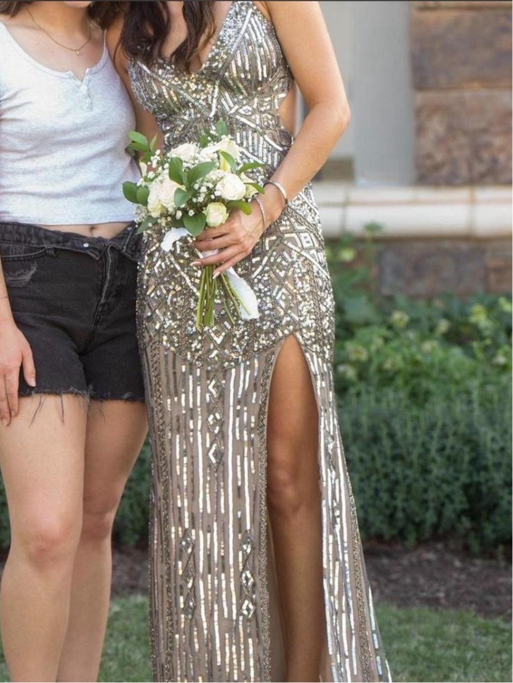 Sequin Embellished Gold Evening Gown with Thigh Slit